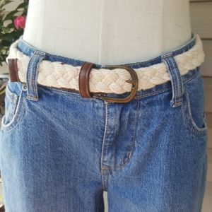 VINTAGE ♡ Sweet Cream Cotton Braided Belt w/Brown Trim 'n Bronze Hardware S/M